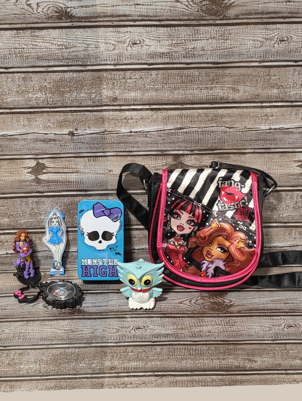 Monster High Lot - Black & Pink Crossbody Bag & Various Monster High Items